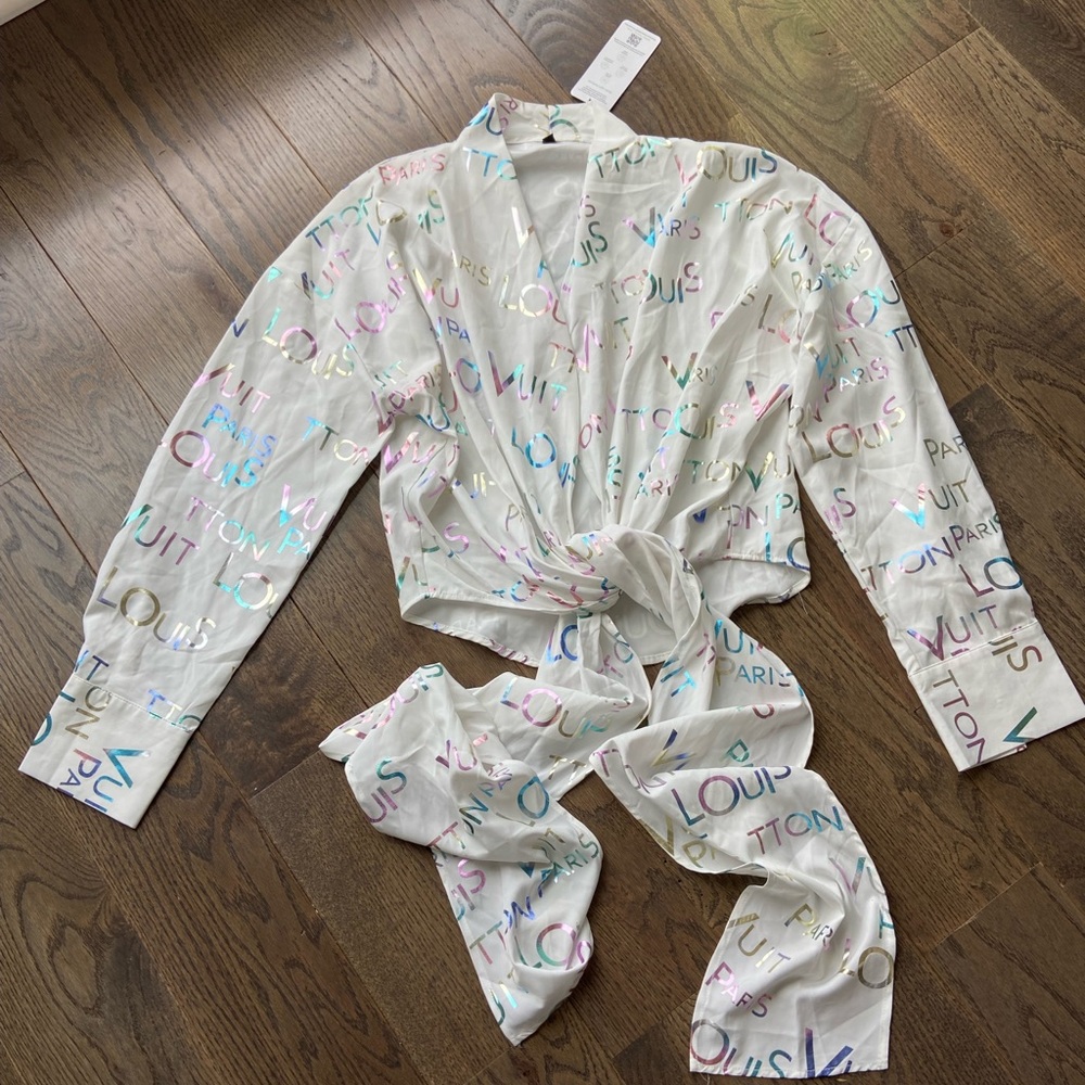 White Multicolor Printed Tie-Front Crop Top